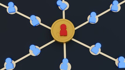 A 3D rendering of network or organizational structure. At the center, a prominent red, human-shaped figurine stands atop a stack of golden coins.