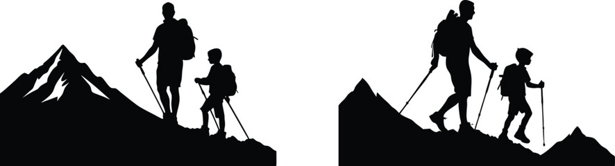 Father and Son Hiking Silhouette on Mountain Trail Vector Art.