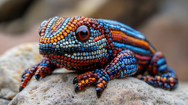 Close up shot of a colorful beaded lizard resting on a textured rock surface in soft lighting