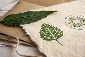 A close-up of recycled paper with a natural leaf imprint, symbolizing eco-conscious living and organic design. Great for backgrounds and sustainable branding.
