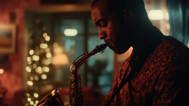 Black Man Plays Saxophone at Home during Holiday Season
