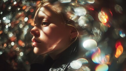 Studio Portrait of a Girl with Mirrored Background and Bokeh Light Effects