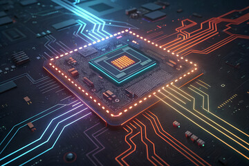 Fototapeta premium Top-down view of an abstract circuit board design with glowing neon lines and digital pulses. Perfect for illustrating AI, blockchain, or high-tech innovation.