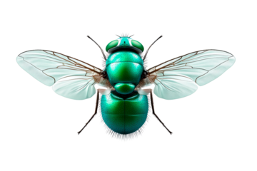 Colorful green fly with transparent wings in detail
