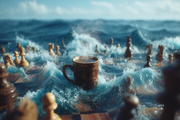 Chess Pieces And Coffee Cup On A Chessboard In A Stormy Ocean