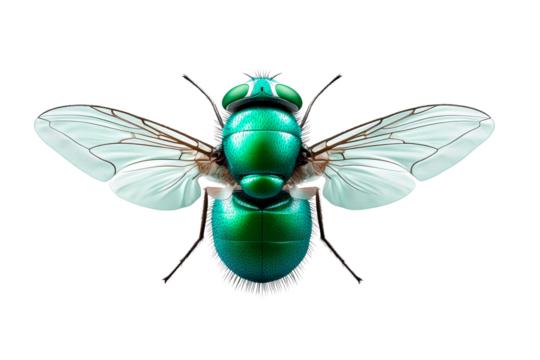 Colorful green fly with transparent wings in detail