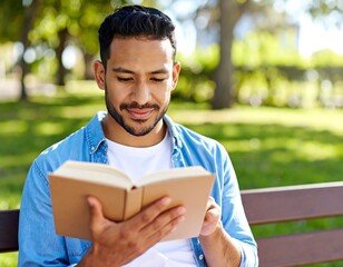 Man sits on park bench, engrossed in reading a book