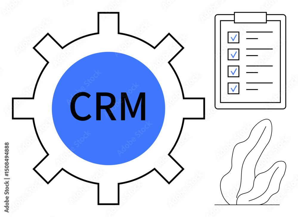 Poster gear with crm text, checklist showcasing tasks, and abstract plant element representing functionalit