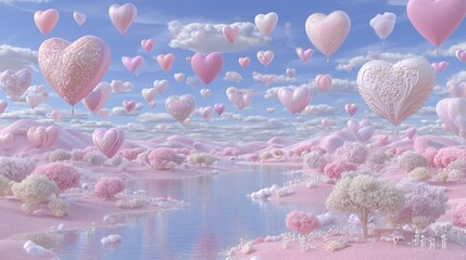 A lakeside setting of enchanting beauty, evoking a dreamlike atmosphere with vibrant pink hearts in bloom, embodying the spirit of love and romance