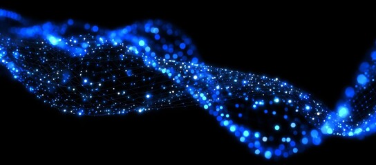 A stylized blue backdrop of cyberspace with dots and lines symbolizing data transfer, network security, and the metaverse
