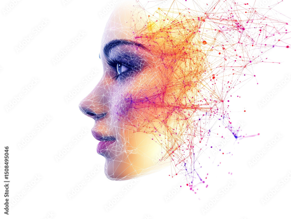 Poster abstract connection, woman's profile with interconnected network visual design