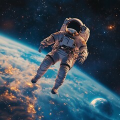 Fototapeta premium Astronaut in outer space, above a planet.