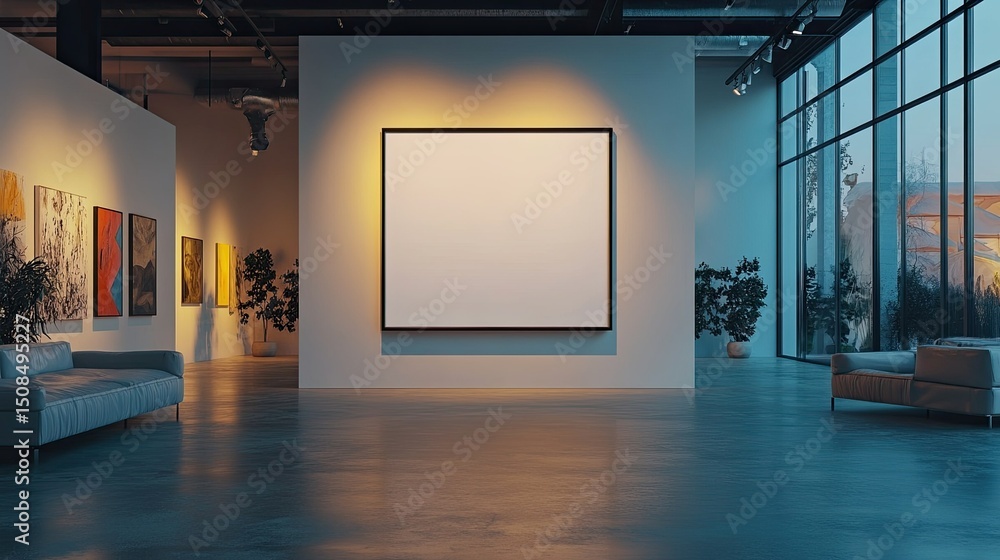Poster interior view of an art gallery with blank canvas and sofas in a modern architectural space