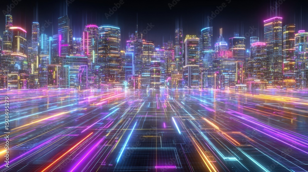 Poster a futuristic digital space backdrop featuring abstract technology, a broad banner filled with neon l