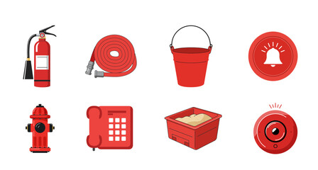 Firefighting equipment and alarm icons in red color on transparent background