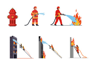 Firefighters extinguishing fire with hose and hydrant illustration on transparent background