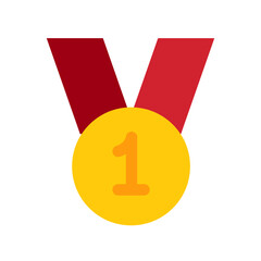 Gold medal with red ribbon. Champion golden trophy with number one. Prize in sport for winning first place in competition on transparent background. Champion and Winning Concept. Flat style