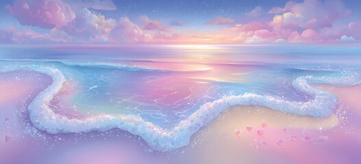As the sun sets behind the calm ocean, the shore's heart-shaped sand, combined with the gentle foamy waves, produces a stunning visual representation of love and serenity, set against the backdrop of