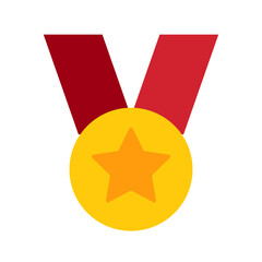 Gold medal with star. Golden prize or award with red ribbon. Victory, competition, success, achievement concept. 1st place. Simple gold medal icon. Vector illustration isolated