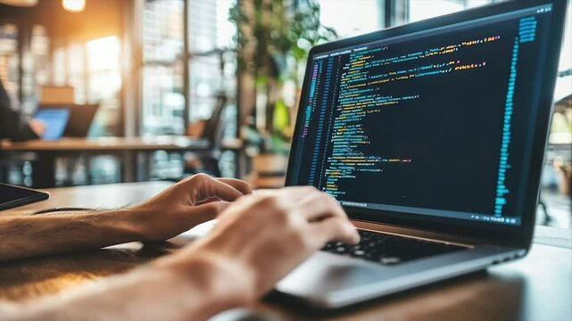 Close-up of hands typing code on a laptop