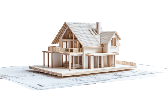 Architectural vision: Detailed house model displayed on detailed blueprints