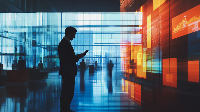 businessman stands on the peak of success amid tall, innovative Smart city and graphs with statistics to analyze business potential and predict future developments in company growth., innovative Sma