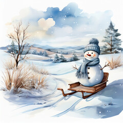 Obraz premium Festive Snowman on a Sled – Perfect for Winter-Themed Designs, Holiday Cards, and Digital Decor