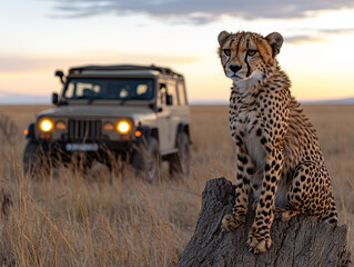 A cheetah (Acinonyx jubatus) sitting on a tree trunk in the evening sun, AI generated