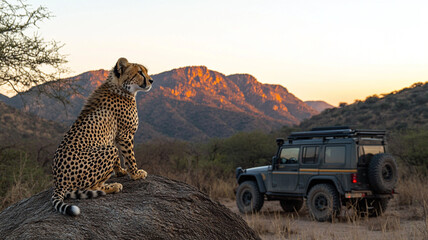 A cheetah (Acinonyx jubatus) sitting on a tree trunk in the evening sun, AI generated