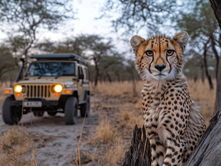 A cheetah (Acinonyx jubatus) sitting on a tree trunk in the evening sun, AI generated