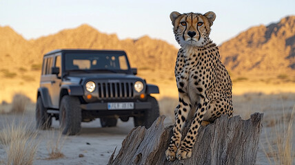A cheetah (Acinonyx jubatus) sitting on a tree trunk in the evening sun, AI generated