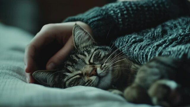 A hand gently rests on a sleeping tabby cat.  Soft, cozy atmosphere