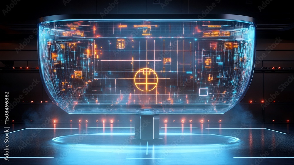 Poster futuristic holographic display with complex data visualization in a dark room
