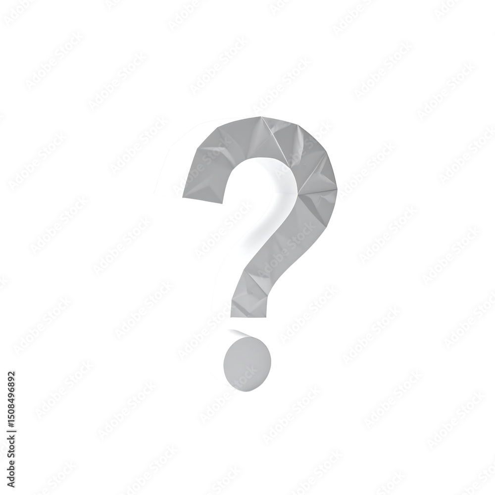 Poster white crumpled paper question mark 3d render ask grey on transparent background