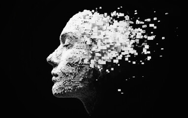 fragmenting monochrome digital head, representing artificial intelligence, data loss, technology breakdown, and the abstract mind.