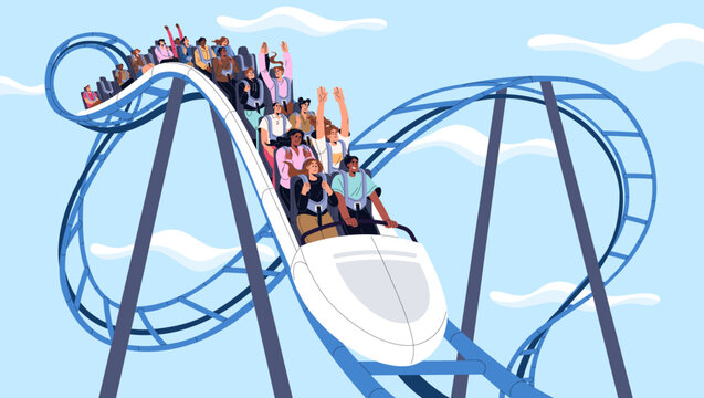 Thrilled people scream, hands up on roller coaster. Visitors ride on fast rollercoaster on height. Characters have fun on extreme entertainment, attraction in amusement park. Flat vector illustration
