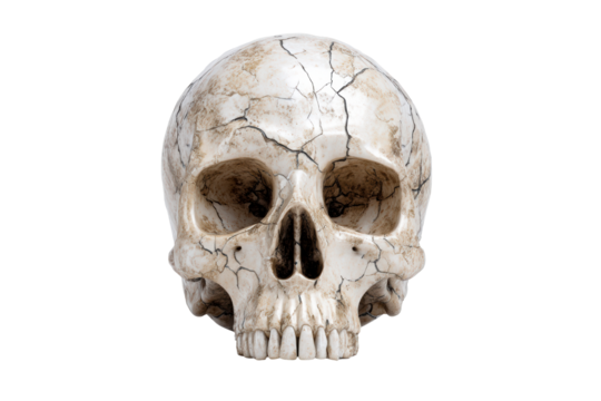 Realistic human skull with detailed markings on transparent background
