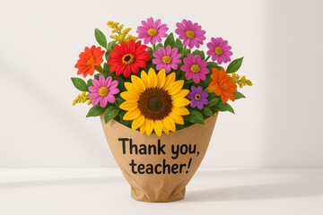 Paper bouquet with colorful flowers and Thank you, teacher message, standing on white background
