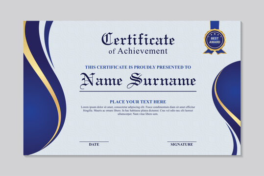 Elegant blue wave design achievement certificate template, modern professional blue certificate design template