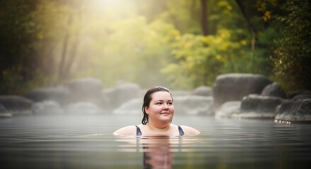 Peaceful Retreat in Nature: Woman Bathing in Misty Forest Hot Spring