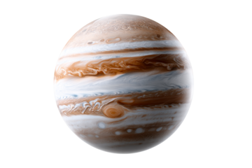 Jupiter with bands of clouds and storms in deep space