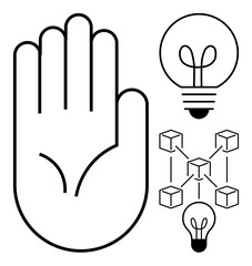 Open hand with light bulbs symbolizing ideas and interconnected cubes indicating teamwork, technology, growth, and problem-solving. Ideal for innovation, collaboration, creativity, technology