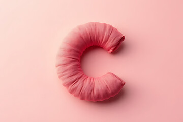 Playful lowercase c made from soft fabric texture, placed on a complementary tone background with smooth gradient and clear room 