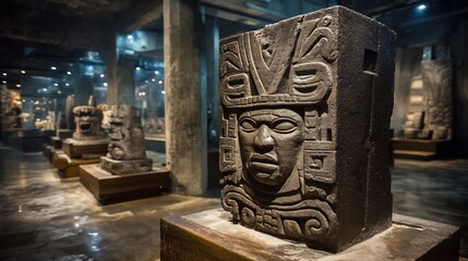 Mayan Museum Artifacts with Ancient Mexico, and Stone Carvings.