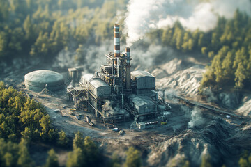 A factory producing smoke near a deforested zone