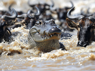 a crocodile attacks with open jaws a group of wildebeest and zebras as they cross a wide river in Tanzania during the great migration , ai generated