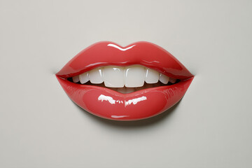 Fototapeta premium A close-up image capturing glossy, bright white teeth against a light gray backdrop. It reflects modern dental aesthetics and highlights the appeal of a healthy, confident smile.