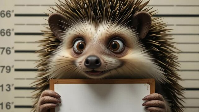 Cute cartoon hedgehog with big eyes holding blank sign and smiling on blurred soft brown background. Children's animation concept