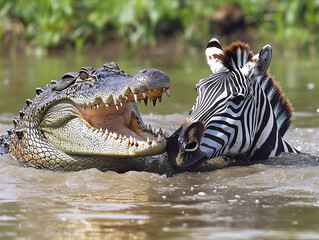 a crocodile attacks with open jaws a group of wildebeest and zebras as they cross a wide river in Tanzania during the great migration , ai generated