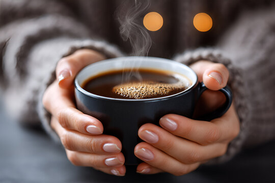Warm cup of coffee held in hands, steam rising from the surface, cozy atmosphere with blurred lights in the background, inviting comfort and relaxation in a serene setting